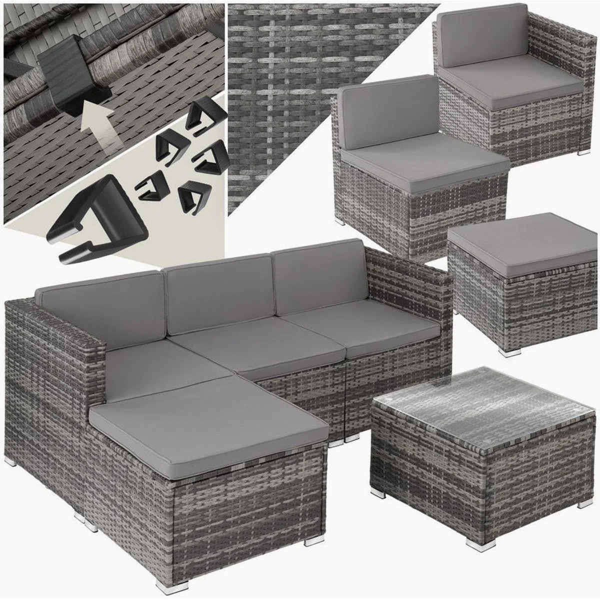 tectake Lignano Loungeset, modernes Rattan-Design, abnehmbare Bezüge
