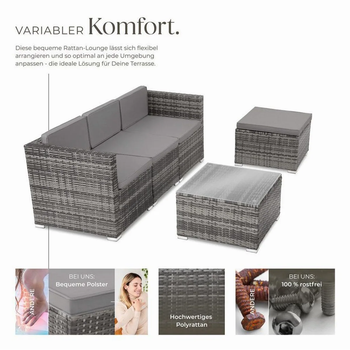 tectake Lignano Loungeset, modernes Rattan-Design, abnehmbare Bezüge 3
