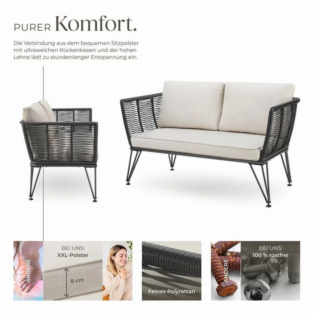 tectake Sundo Garten-Loungesofa, modernes Rope-Design, 250 kg Belastbarkeit 3