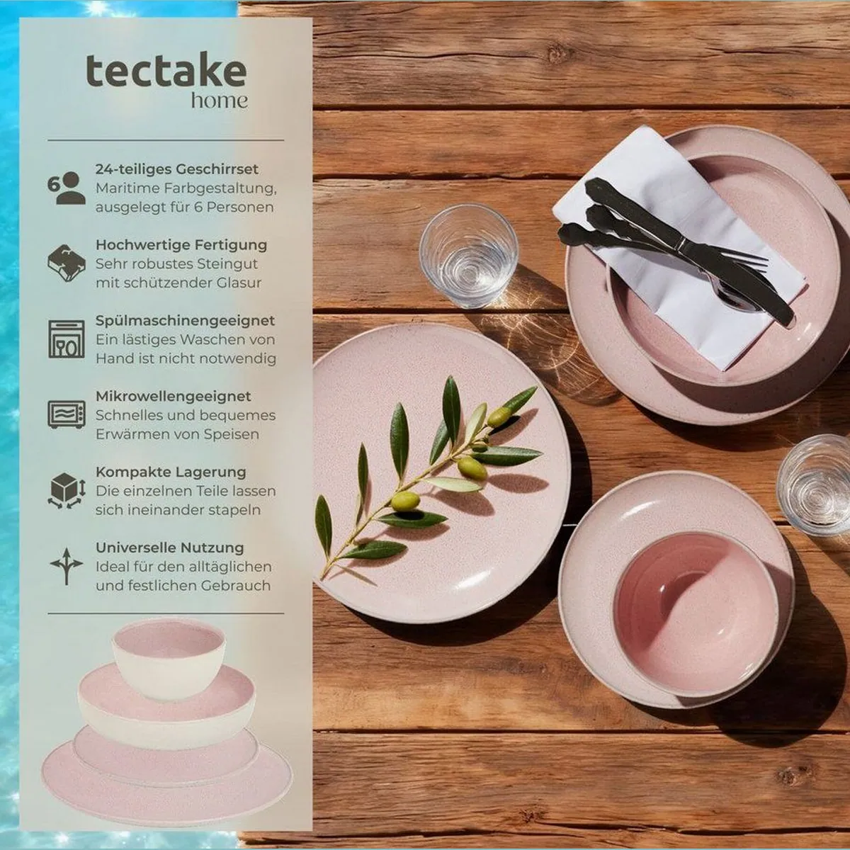 tectake Geschirr-Set Mare, 24-teilig für 6 Personen, handgefertigt, spülmaschinen- und mikrowellengeeignet 2