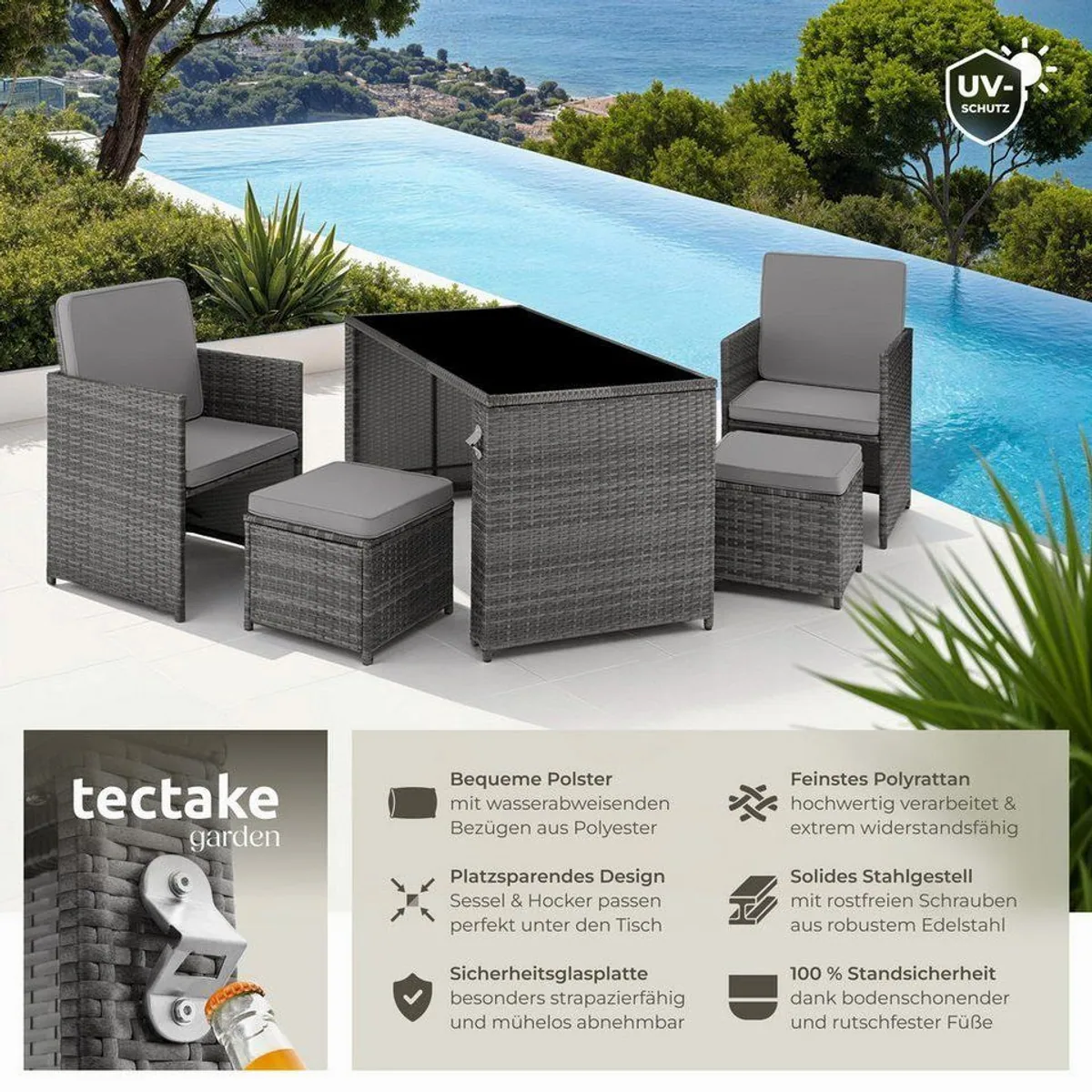 tectake Palermo Rattan-Sitzgruppe, 5-tlg., für 2-4 Personen — UV-beständig, mit Glasplatte, pflegeleicht 2