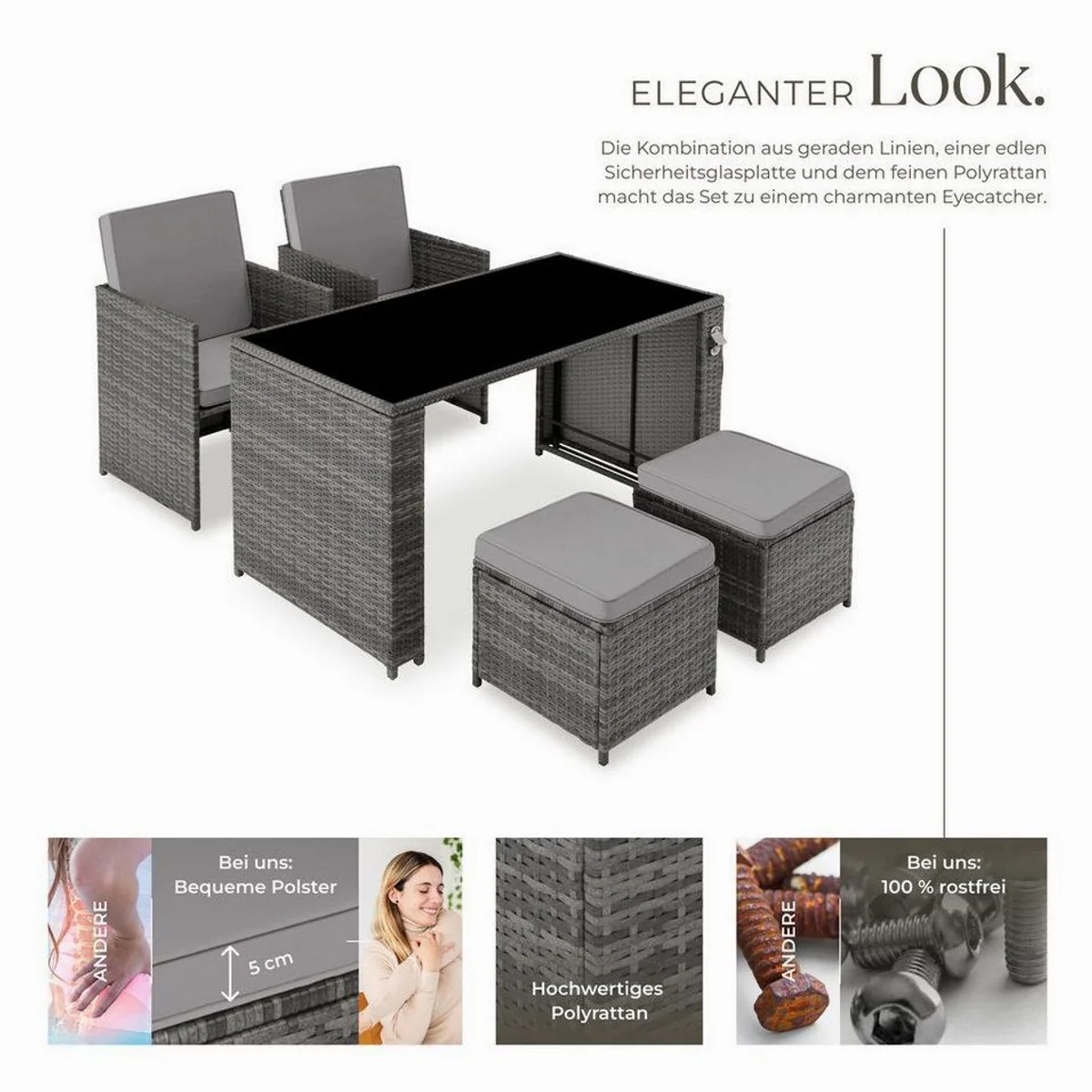 tectake Palermo Rattan-Sitzgruppe, 5-tlg., für 2-4 Personen — UV-beständig, mit Glasplatte, pflegeleicht 3