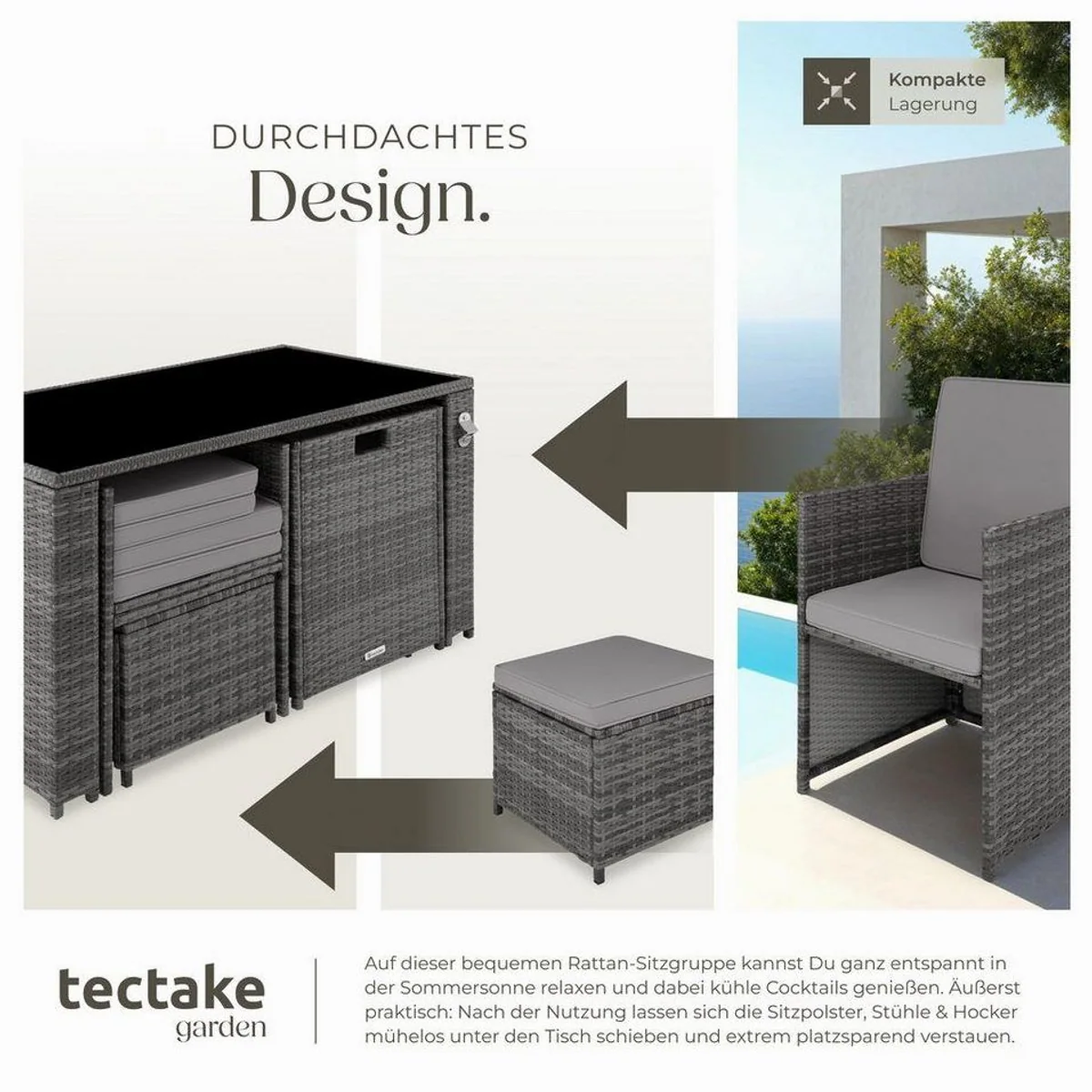 tectake Palermo Rattan-Sitzgruppe, 5-tlg., für 2-4 Personen — UV-beständig, mit Glasplatte, pflegeleicht 4