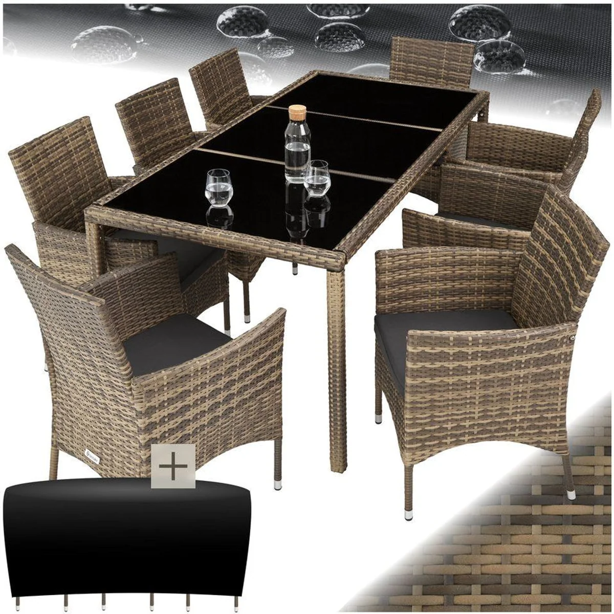 tectake Almansa Rattan Sitzgruppe, 9-teilig, UV-beständig und pflegeleicht