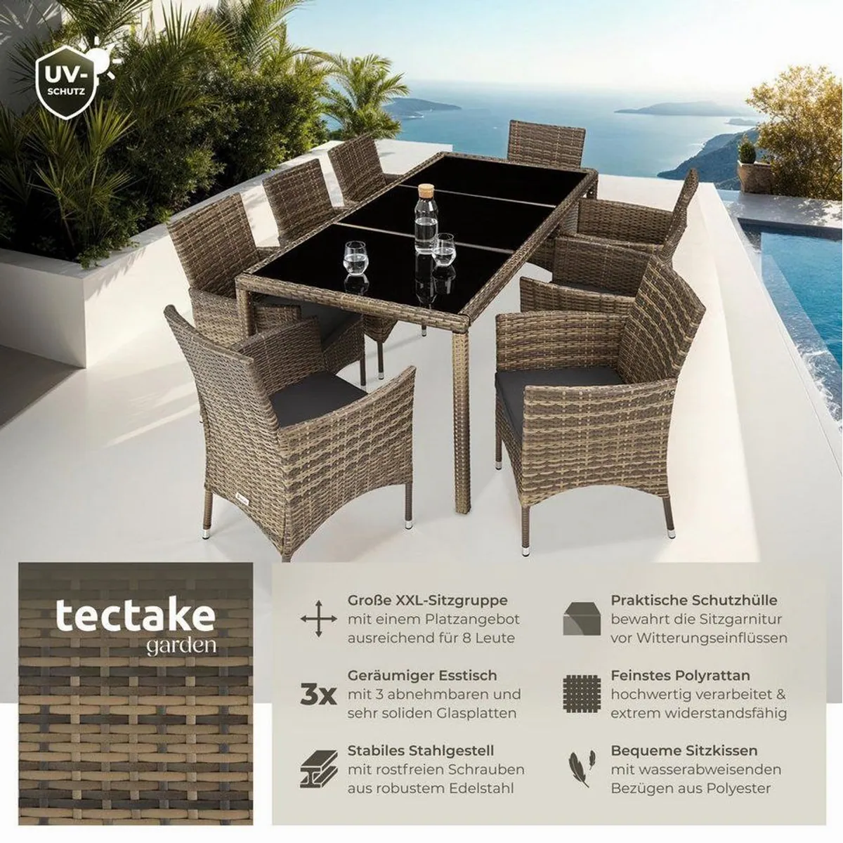 tectake Almansa Rattan Sitzgruppe, 9-teilig, UV-beständig und pflegeleicht 2