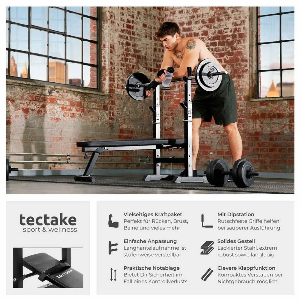 tectake Hantelbank Fitnessbank, rutschfest, verstellbare Langhantelablagen 2