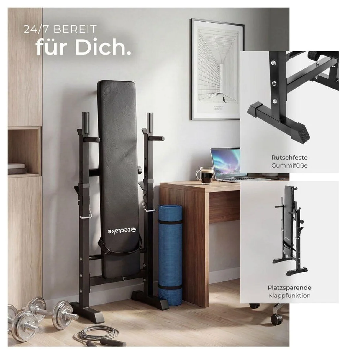 tectake Hantelbank Fitnessbank, rutschfest, verstellbare Langhantelablagen 4