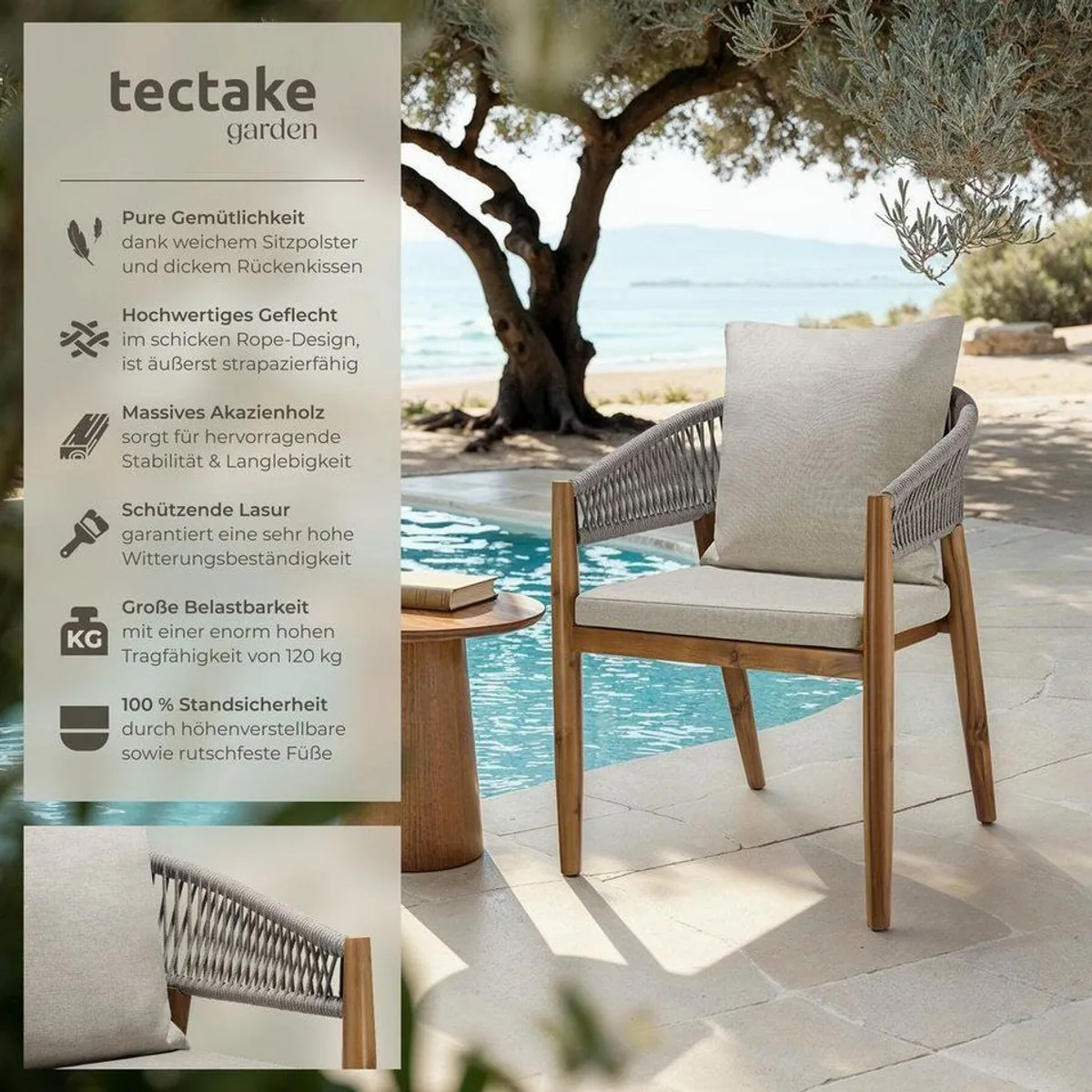 tectake Manacor Gartenstuhl, Akazienholz, Rope-Design, wetterfest, bis 120 kg 2