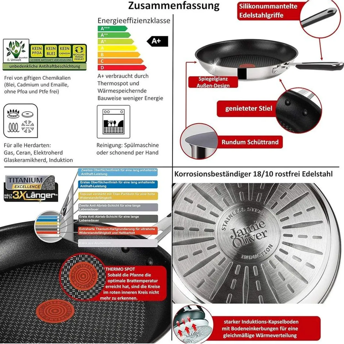 Tefal Jamie Oliver Pfannen-Set, 4-teilig - Edelstahl, Antihaftbeschichtung, hitzebeständig 4