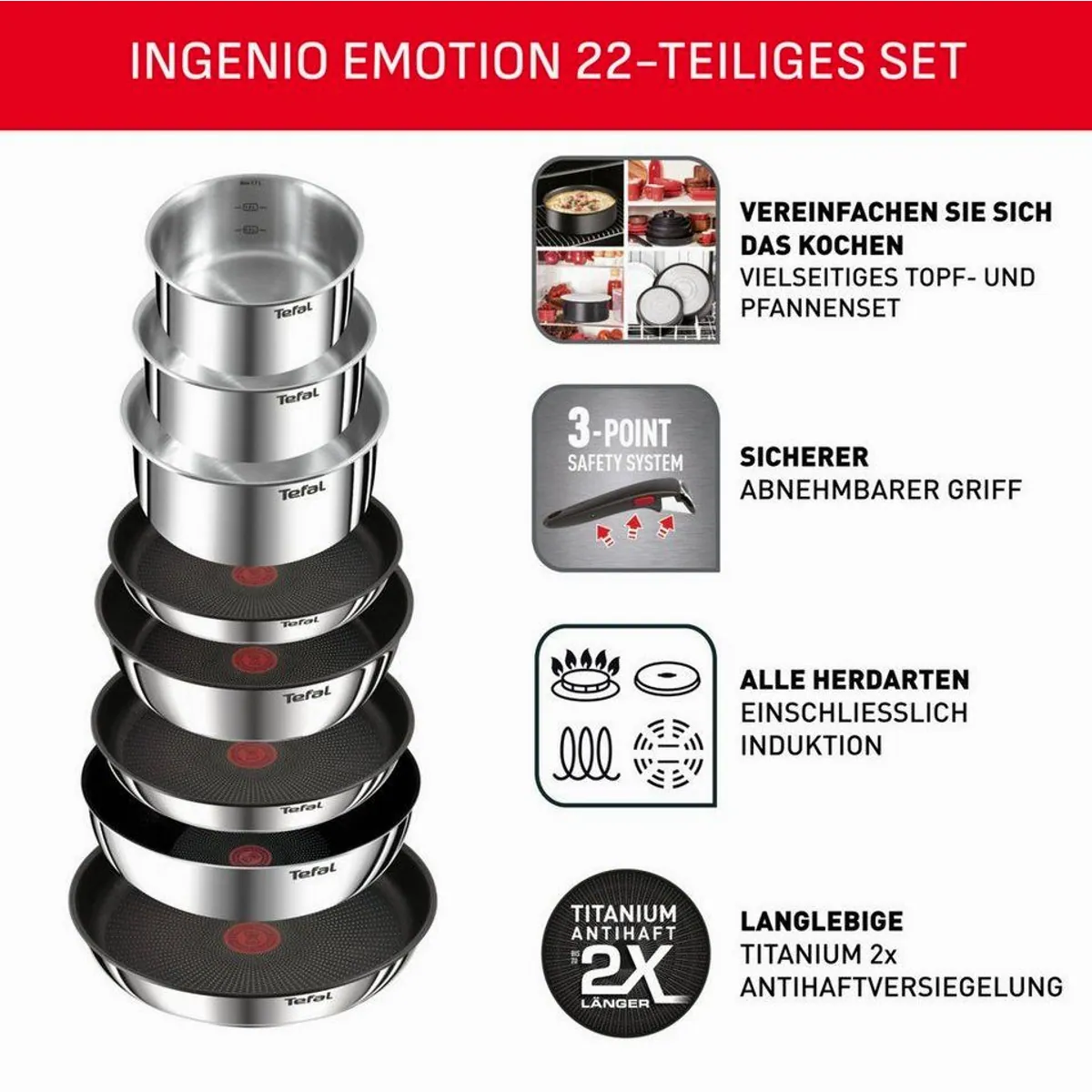 Tefal Ingenio Emotion Pfannen-Set, 22-teilig, vielseitig und platzsparend 5