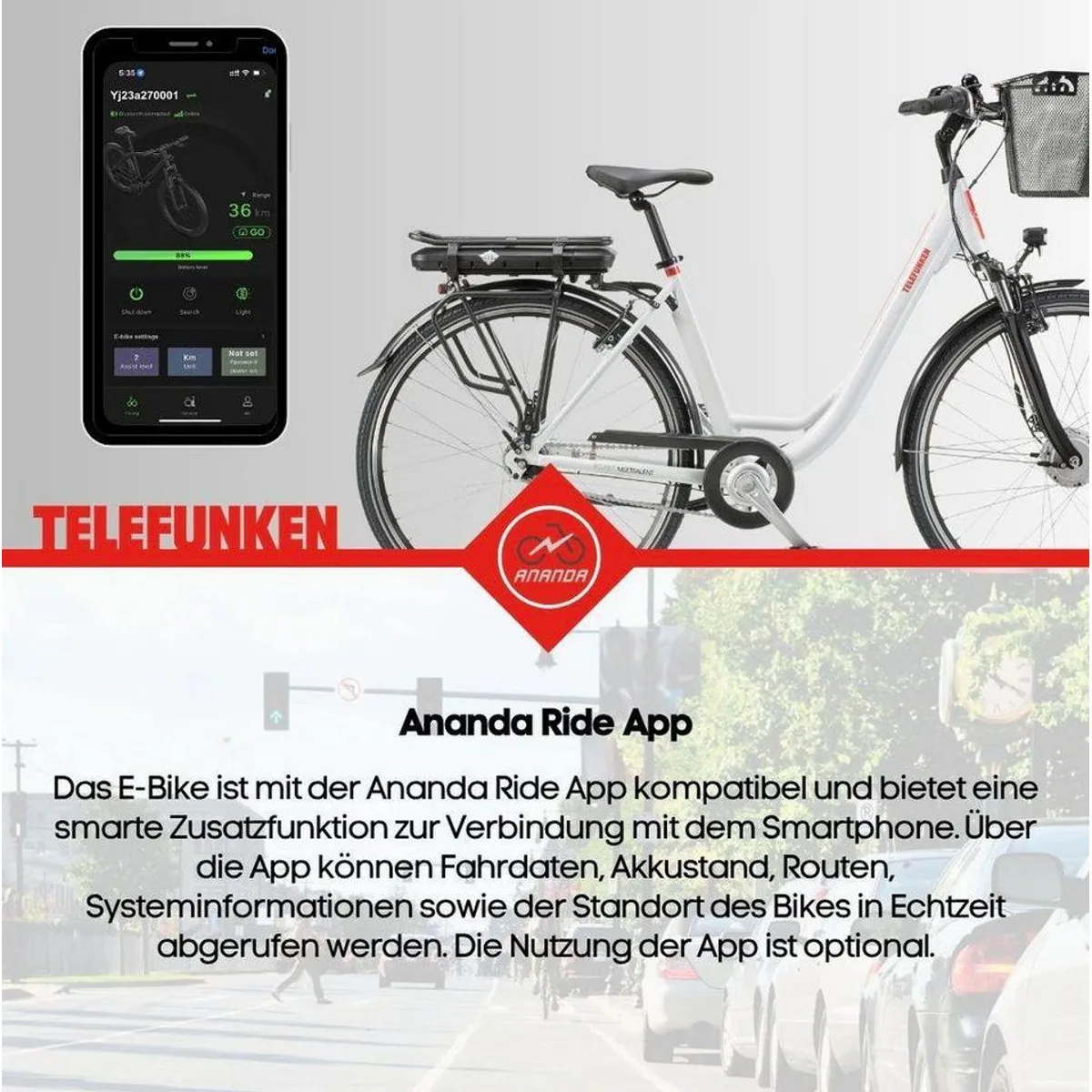 Telefunken RC657 E-Bike Cityrad, 250 W Frontmotor, 536,5 Wh Akku, 7-Gang Nabenschaltung 5