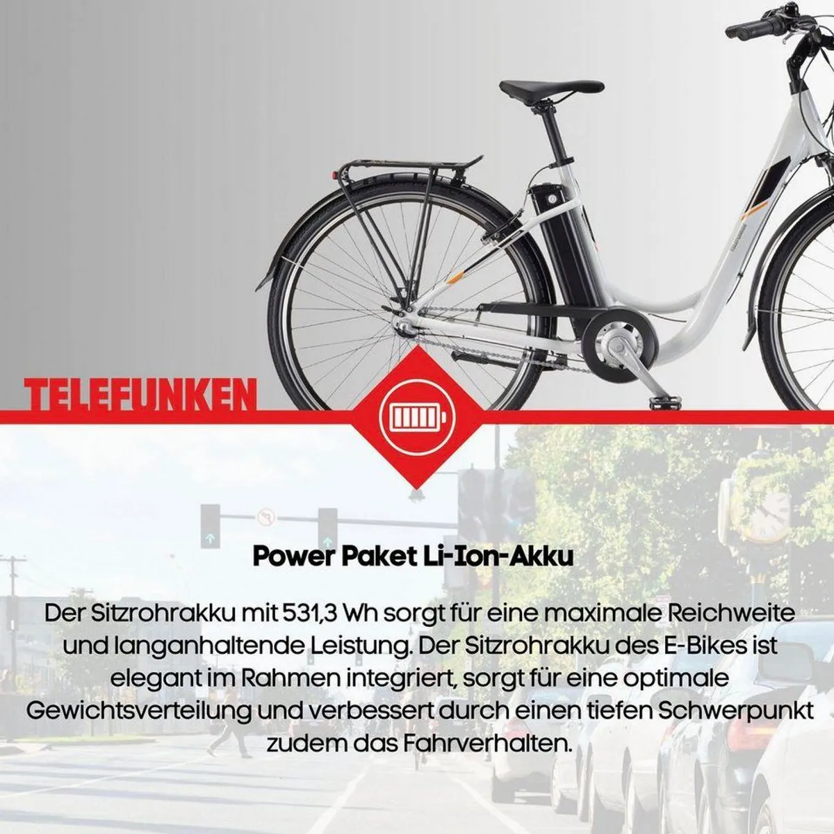 Telefunken E-Bike RC830, 250 W Frontmotor, 3-Gang Shimano, 531,3 Wh Akku 4