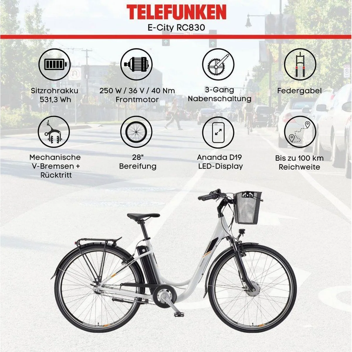 Telefunken E-Bike RC830, 250 W Frontmotor, 3-Gang Shimano, 531,3 Wh Akku 5
