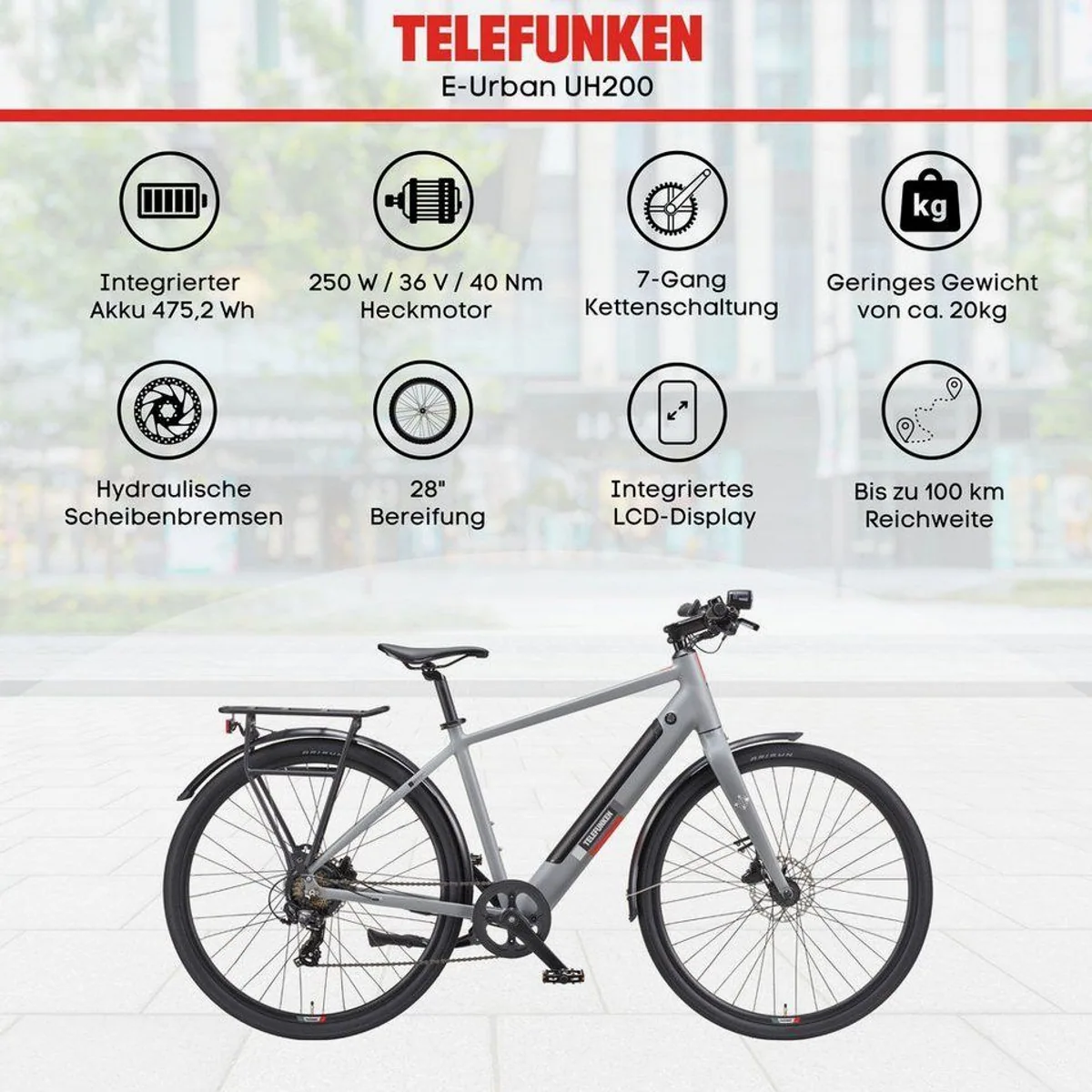 Telefunken UH200 E-Bike Cityrad, 7 Gang, 475,2 Wh Akku, Scheibenbremsen 5