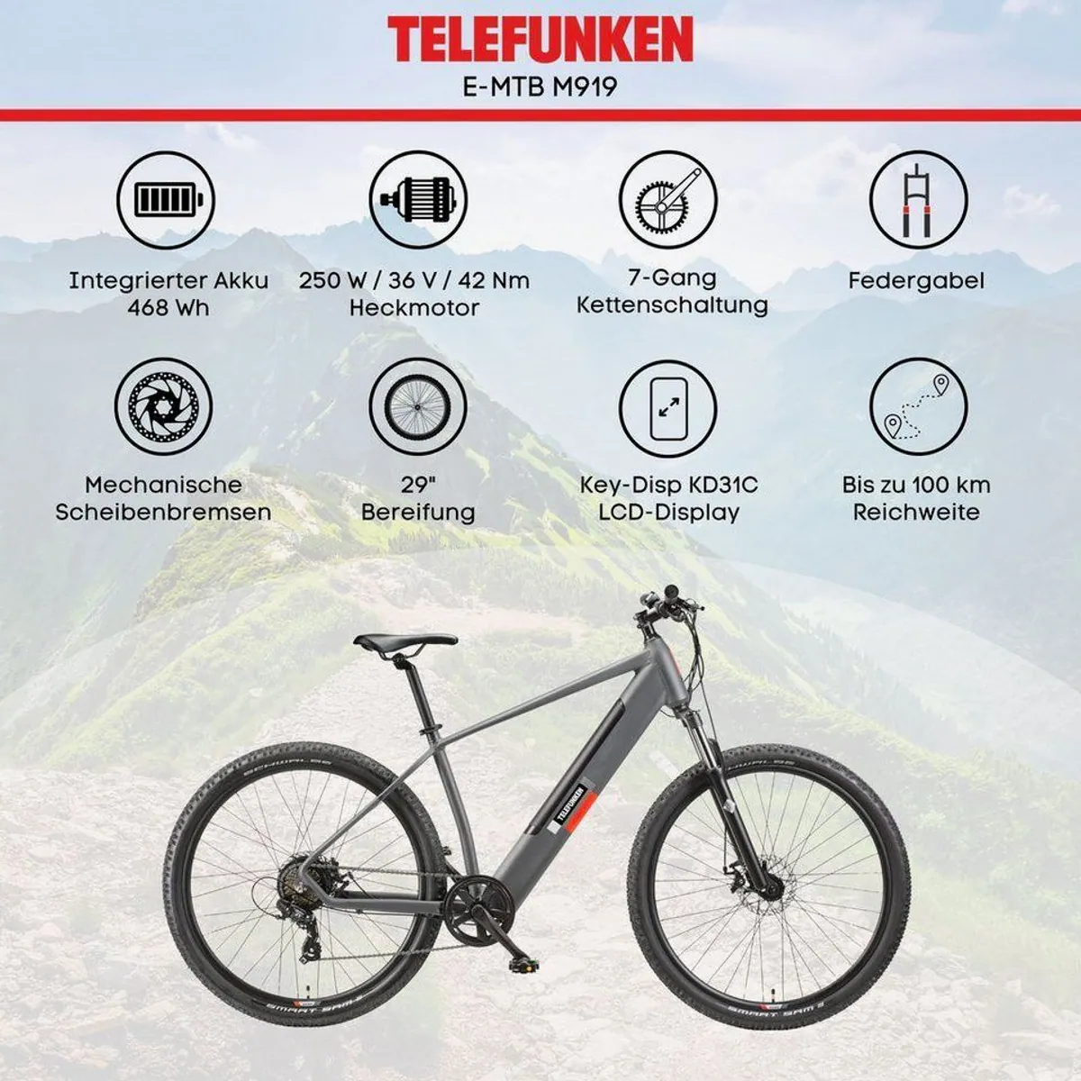 Telefunken E-Bike Aufsteiger M919, 7-Gang Shimano, Heckmotor, 468 Wh, 29 Zoll 5