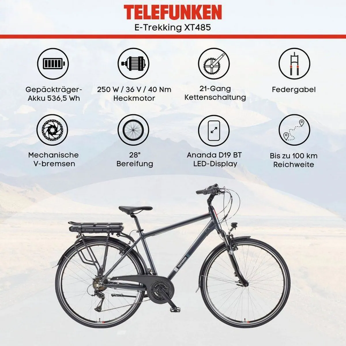 Telefunken E-Trekking Expedition XT485 Herren, kraftvoller Heckmotor, 21-Gang Shimano Schaltung 5