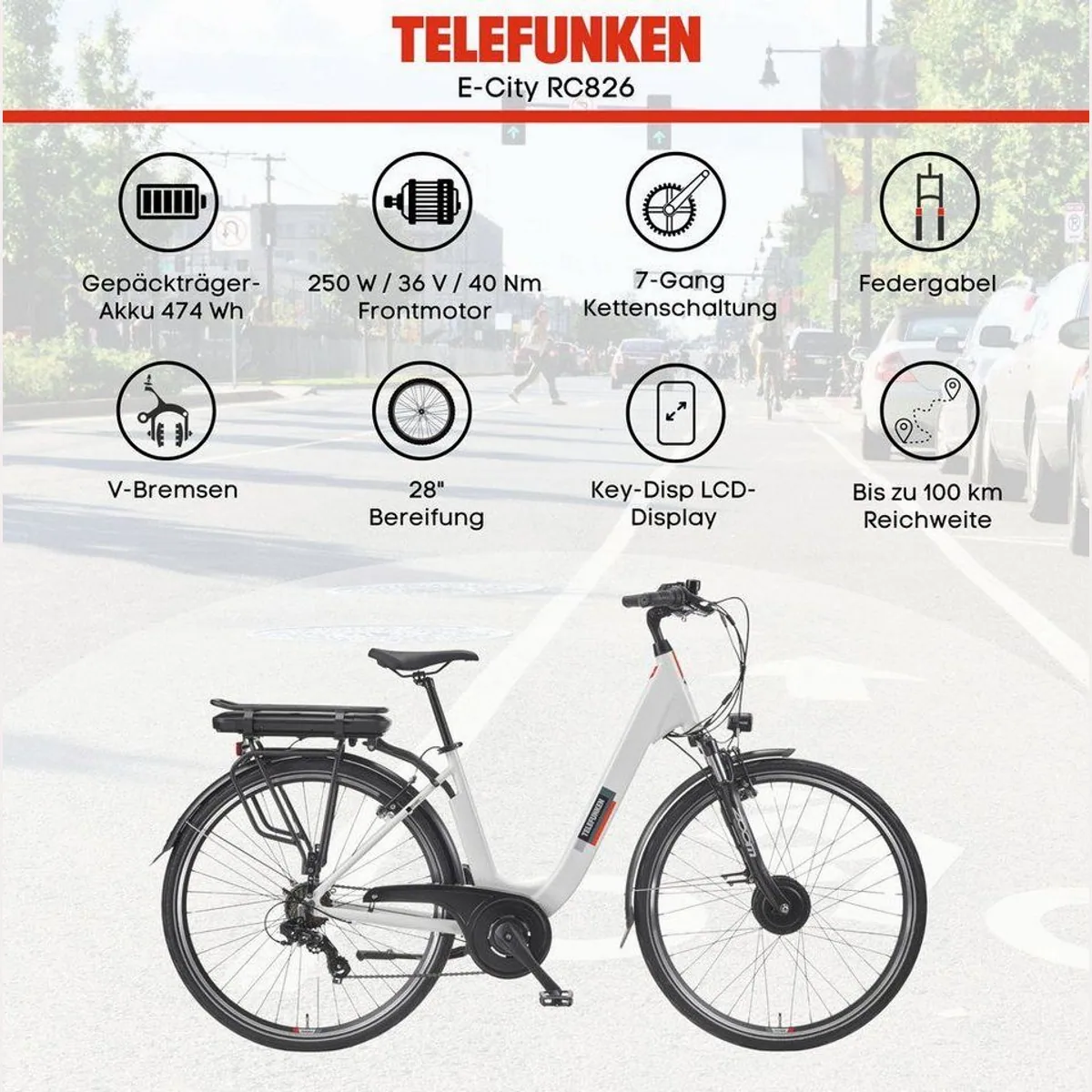 Telefunken E-Bike RC826, 250 W Frontmotor, 7-Gang Schaltung, 474 Wh Akku 5