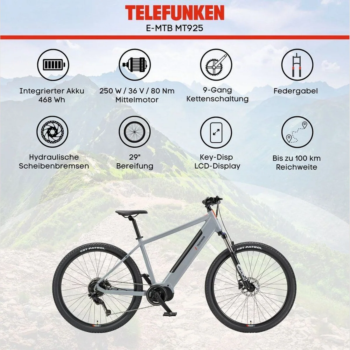 Telefunken MT925 E-Bike, 29 Zoll, 250 W Mittelmotor, 9-Gang Shimano 5