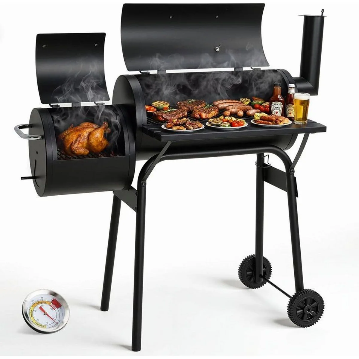 TLGREEN Holzkohlegrill BBQ Smoker, 2in1 mit Thermometer und Ablage