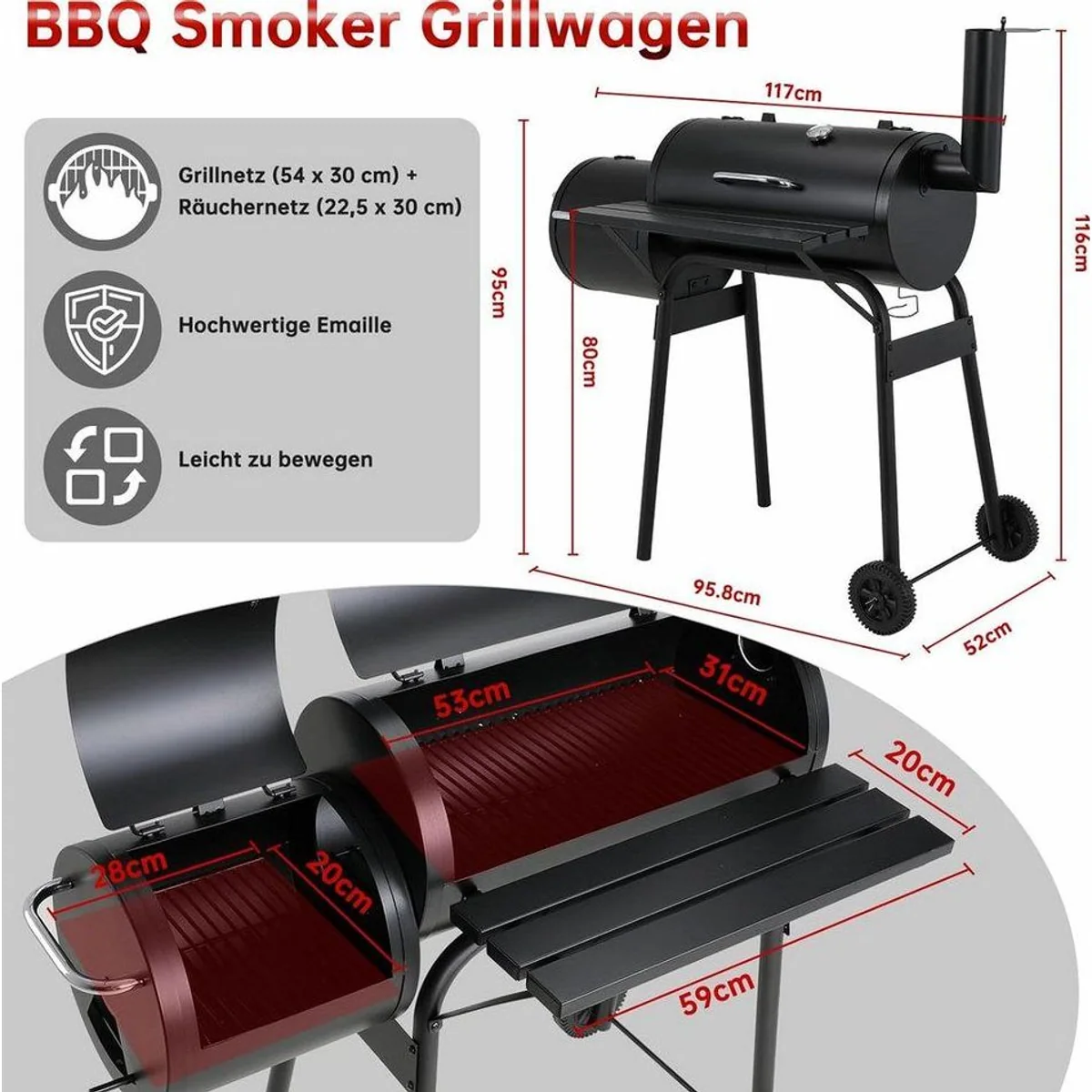 TLGREEN Holzkohlegrill BBQ Smoker, 2in1 mit Thermometer und Ablage 2