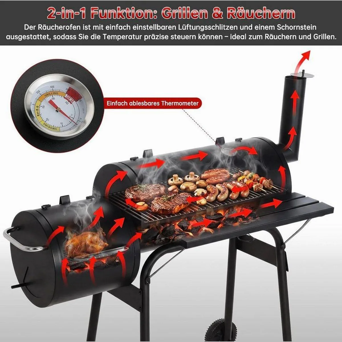 TLGREEN Holzkohlegrill BBQ Smoker, 2in1 mit Thermometer und Ablage 4