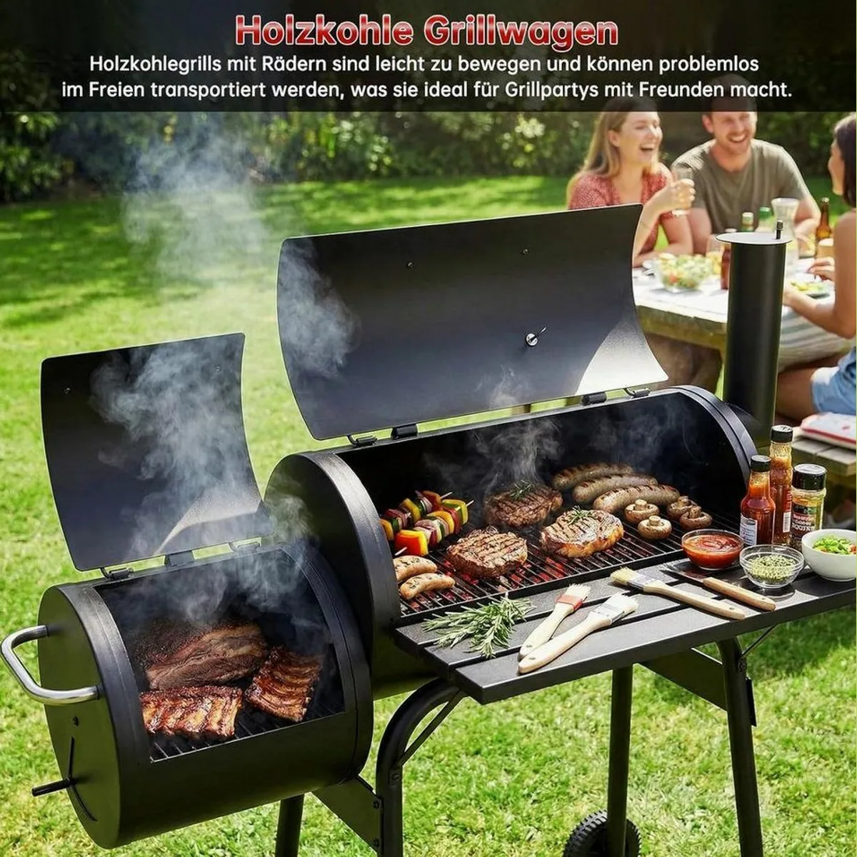 TLGREEN Holzkohlegrill BBQ Smoker, 2in1 mit Thermometer und Ablage 5