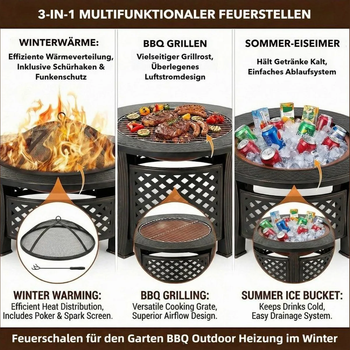 TLGREEN Feuerschale 3-in-1, multifunktional für Grillen & Heizen 5