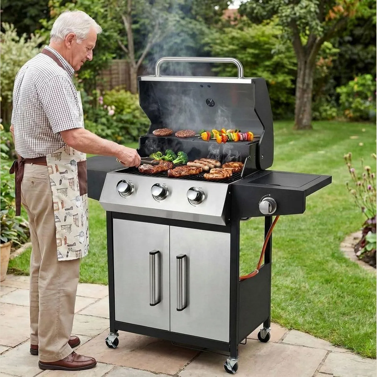 TLGREEN Gasgrill 3+1 Edelstahl Brenner, 13,5 kW, mit Seitenkochfeld & Thermometer