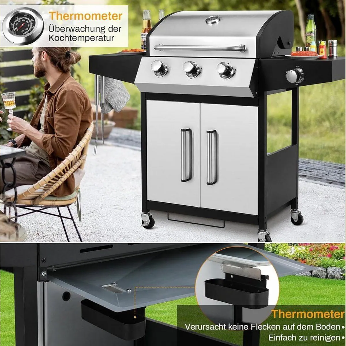 TLGREEN Gasgrill 3+1 Edelstahl Brenner, 13,5 kW, mit Seitenkochfeld & Thermometer 3
