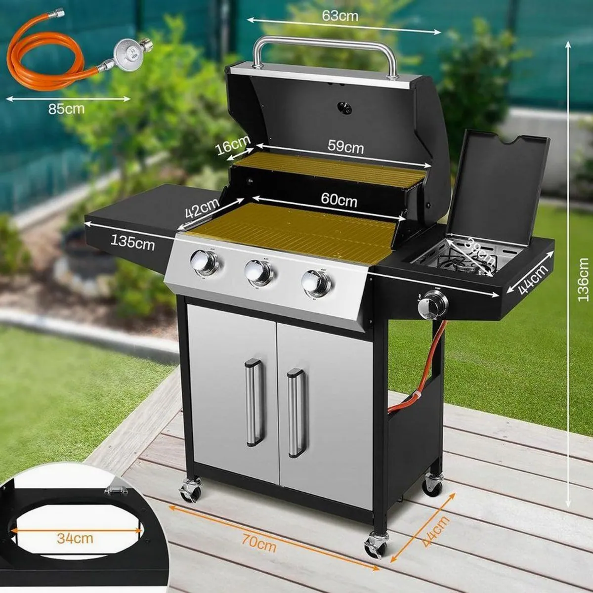 TLGREEN Gasgrill 3+1 Edelstahl Brenner, 13,5 kW, mit Seitenkochfeld & Thermometer 4