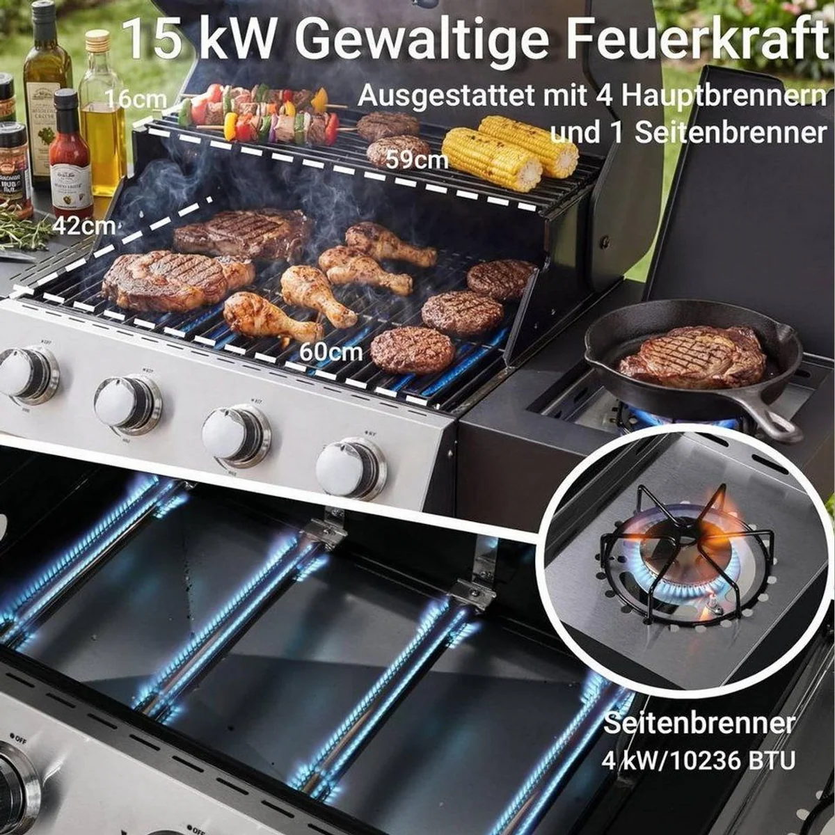 TLGREEN Gasgrill 4+1 Brenner, 15 kW Leistung, inkl. Seitenkochfeld 5
