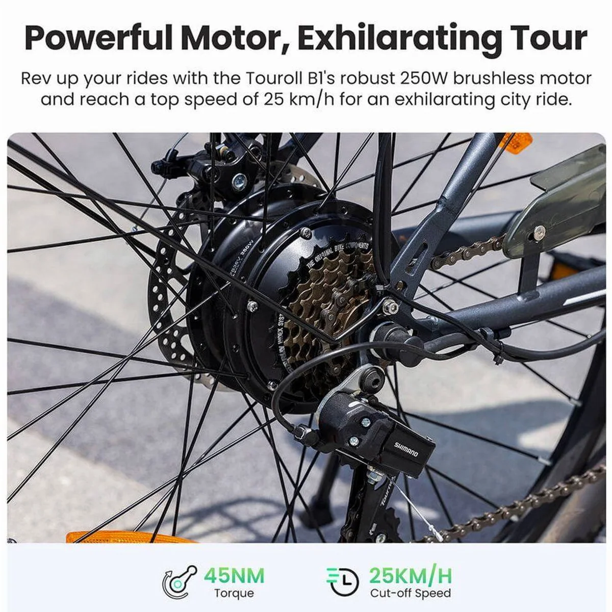Touroll B1 E-Bike, 250 W Motor, 90 km Reichweite, 7-Gang Shimano — ideal für Pendler 3