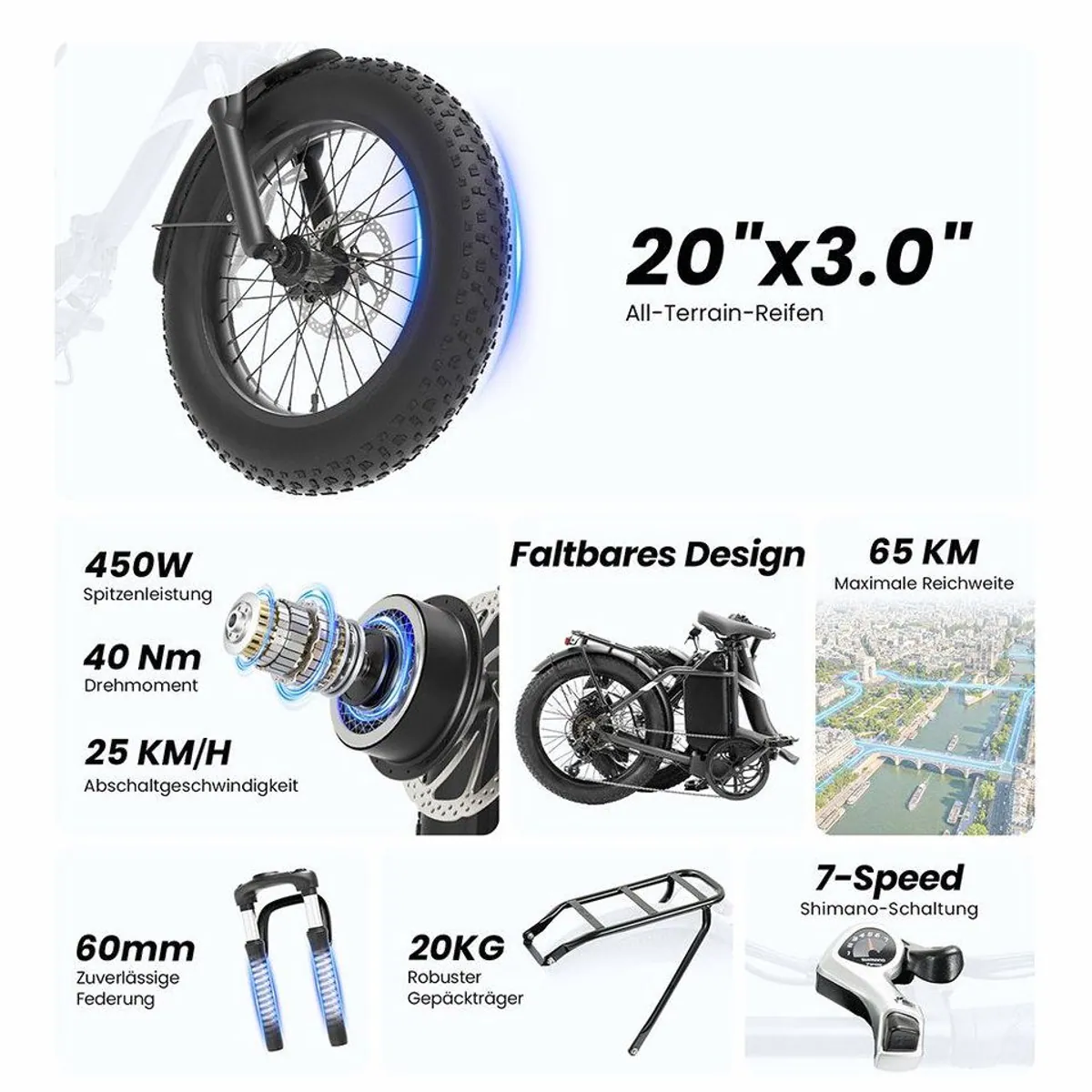 Touroll S3 E-Bike 20 Zoll, 7-Gang Shimano, abnehmbarer Akku, 25 km/h 3