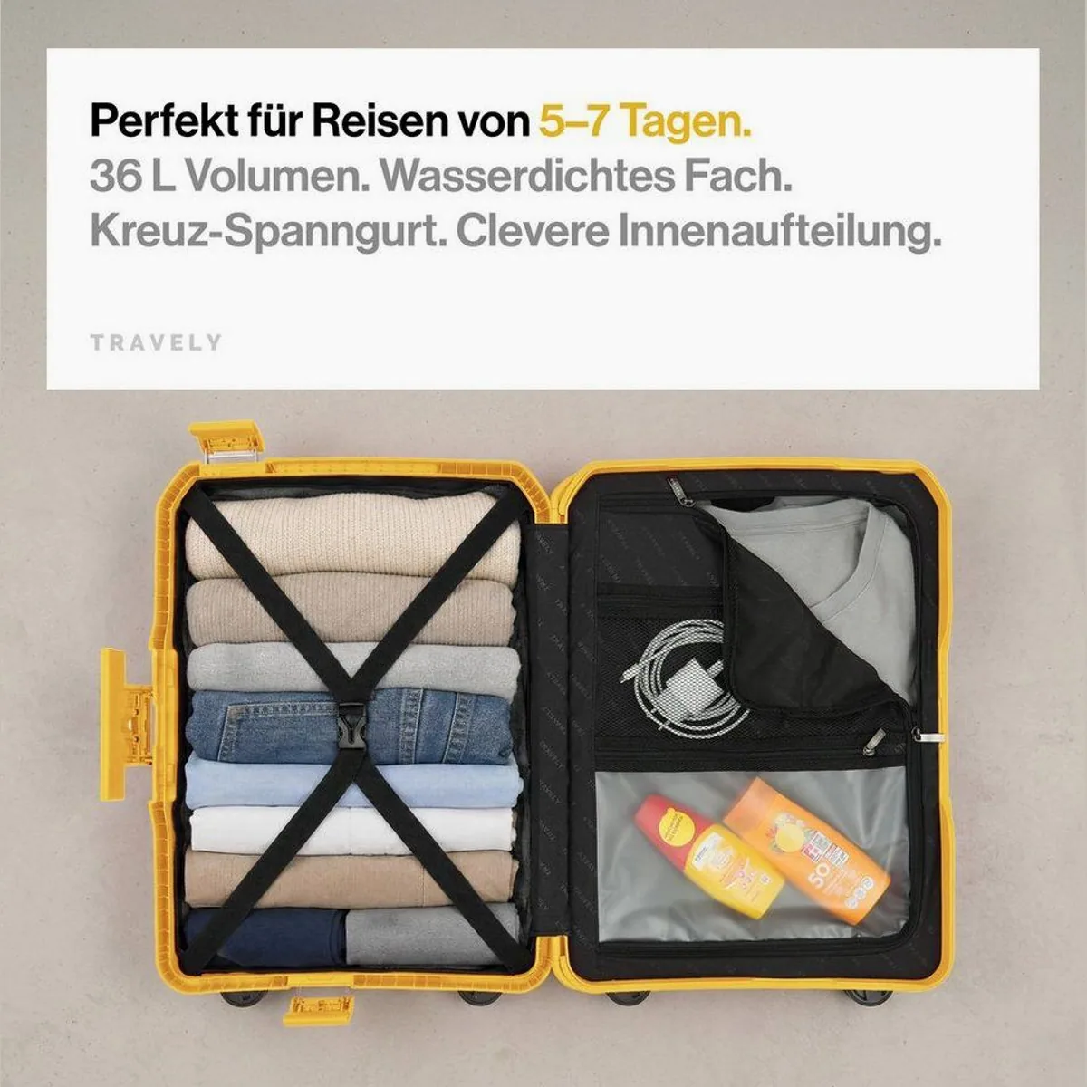 Travely Handgepäck Koffer 55x40x20cm, leicht und robust, 4 Rollen 5