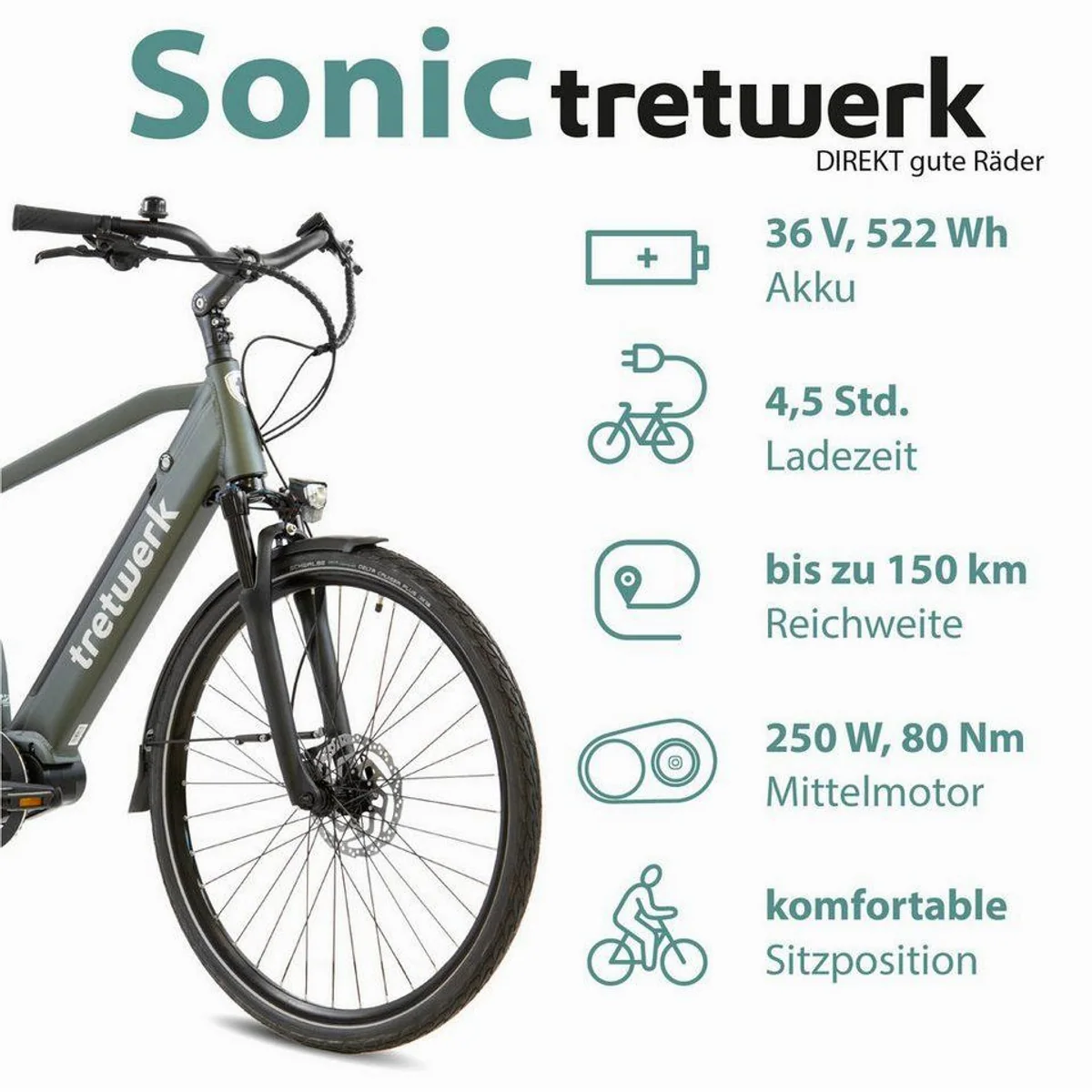 Tretwerk Sonic E-Bike Trekkingrad, 8-Gang Shimano, 522 Wh Akku, Mittelmotor 3