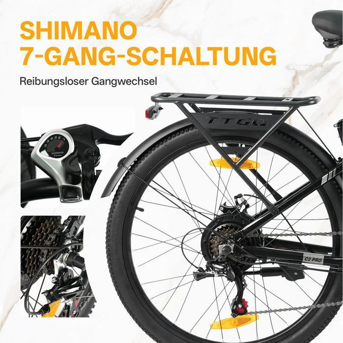 TTGO E-Bike Cityrad 26 Zoll, 80-120 km Reichweite, 7-Gang SHIMANO, Heckmotor 4