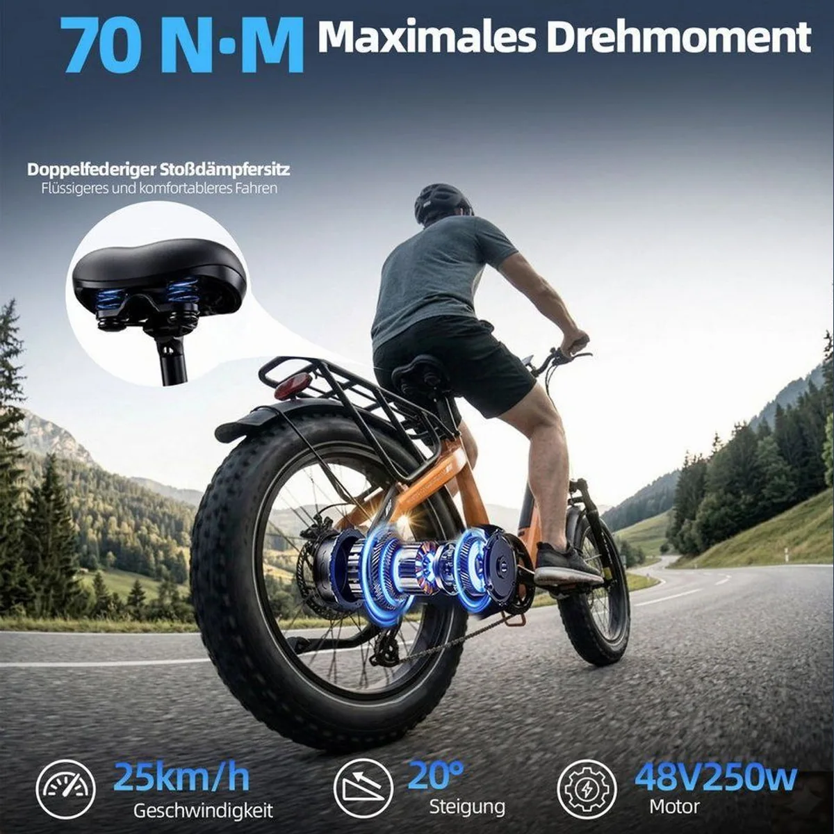 TTGO E-Bike Klapprad, 20 Zoll, 70Nm, 7-Gang Shimano, 864Wh Akku 3