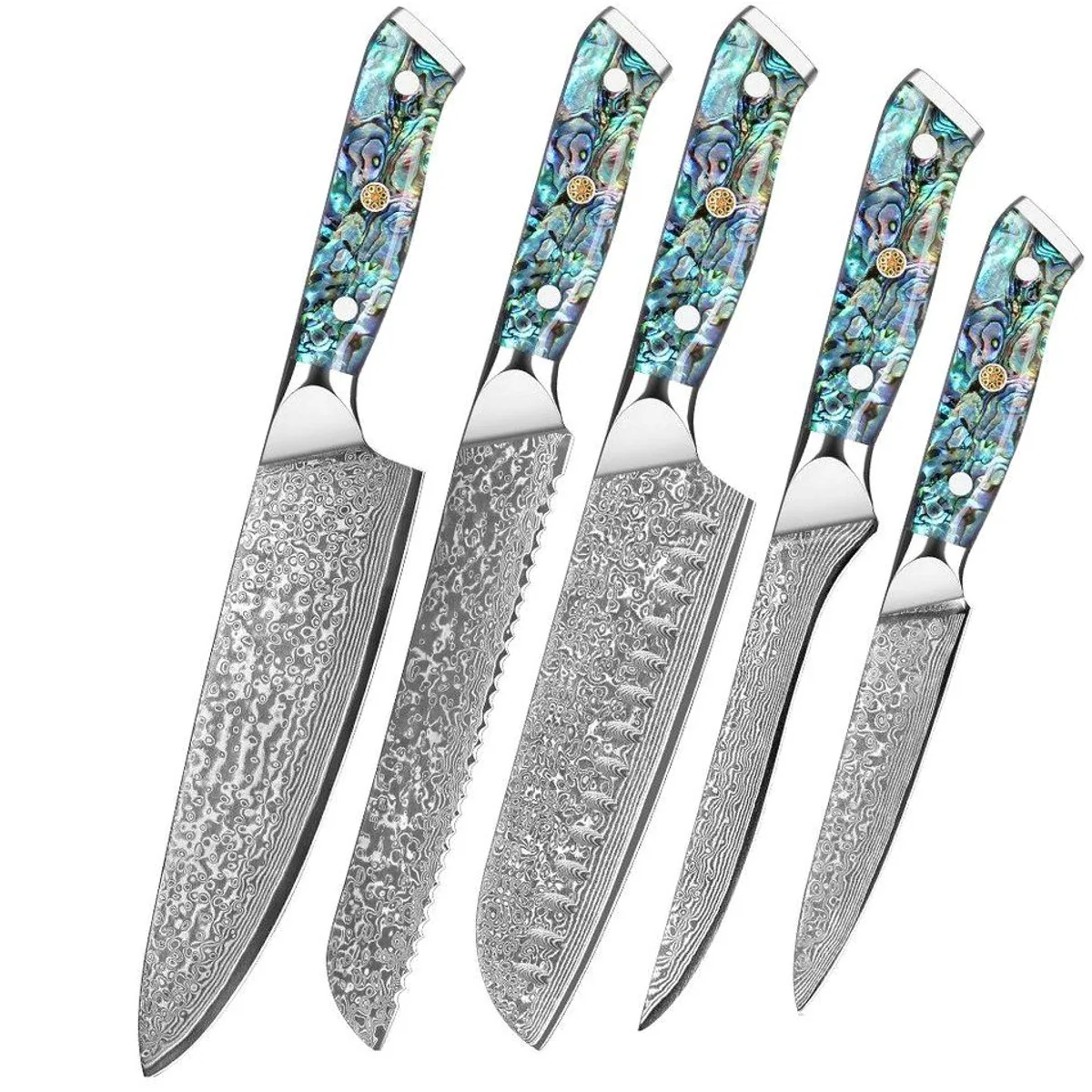 UniqueFire Damastmesser Set 5-tlg., scharfe Klingen aus 67 Lagen VG-10 Stahl