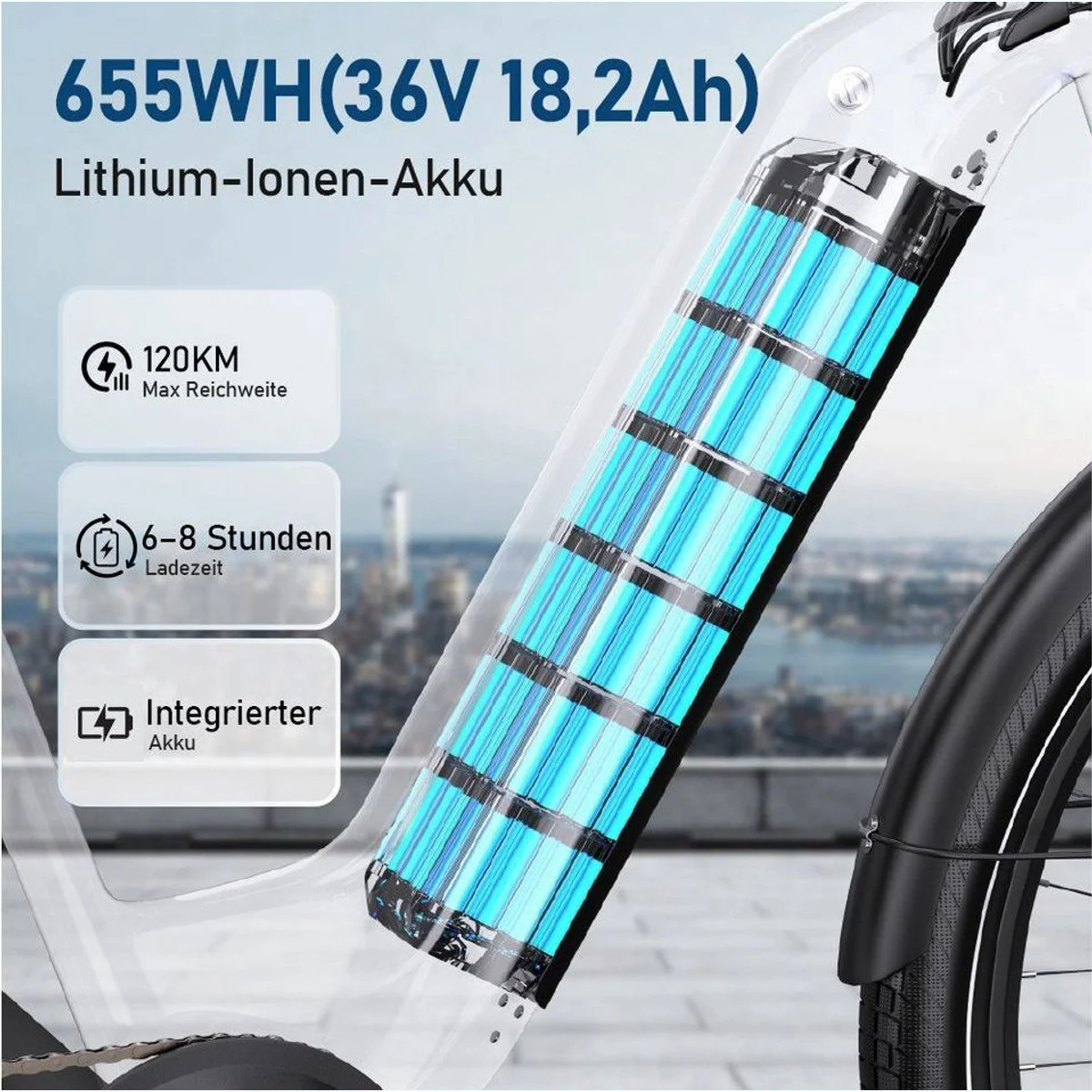 Vankel E-Bike Cityrad, 655Wh Akku, 250W Heckmotor, 7-Gang Shimano 5