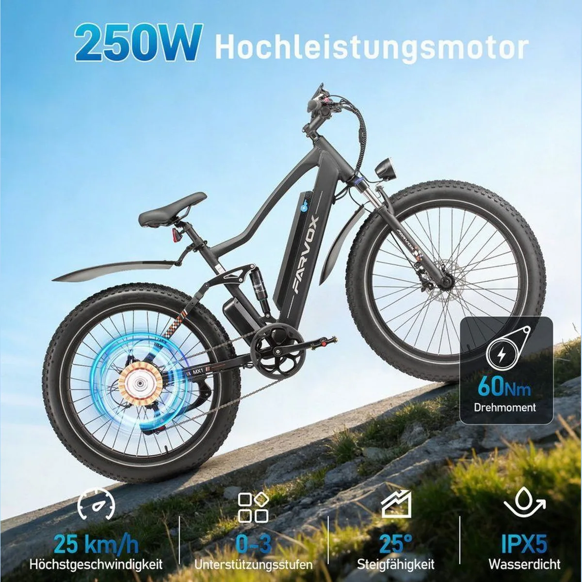 Vankel MX1 E-Bike Cityrad, 624 Wh Akku, 250W Motor, 100 km Reichweite 4