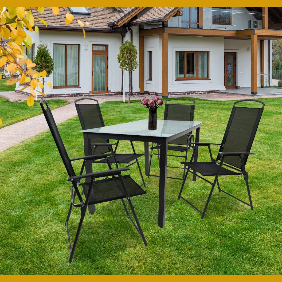 VCM Garlos Garten-Essgruppe 7-tlg, klappbare Stühle & Sicherheitsglas-Tisch