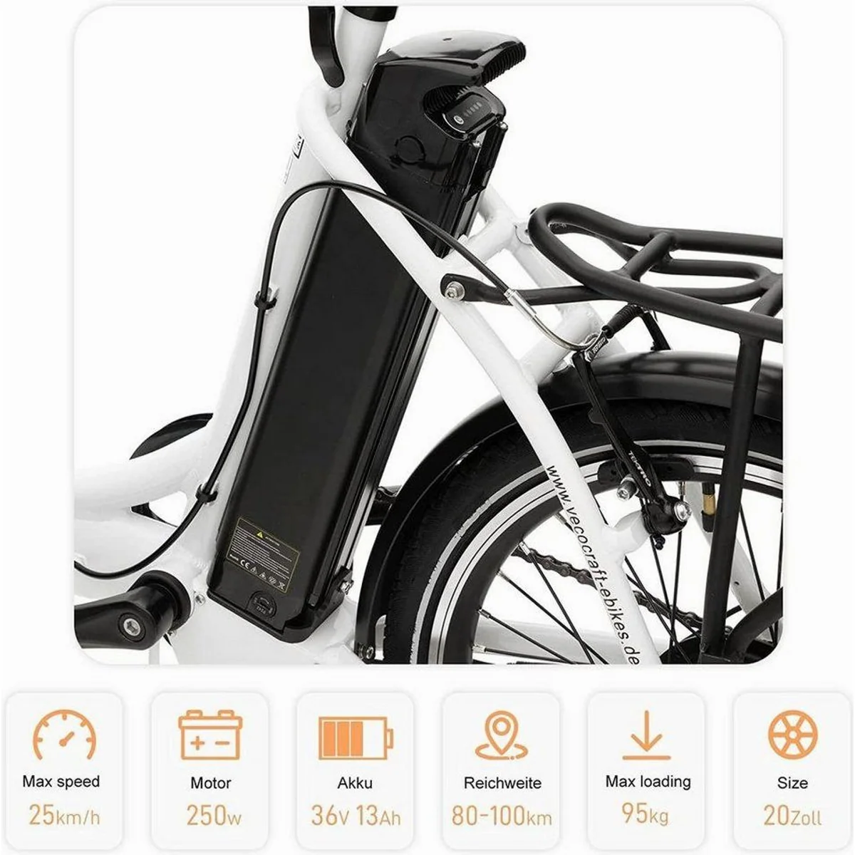 VECOCRAFT E-Pax 20 Zoll E-Bike, 250W Heckmotor, 7-Gang Shimano, herausnehmbarer Akku 3