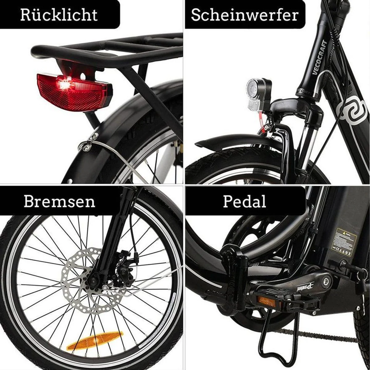 VECOCRAFT E-Pax E-Bike Klapprad, 20 Zoll, 7-Gang Shimano, 250 W Heckmotor 5