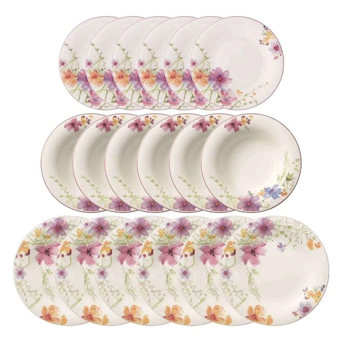 Villeroy & Boch Mariefleur Basic Teller-Set, 18-teilig, für 6 Personen — elegantes Blumendekor, spülmaschinenfest, mikrowellensicher