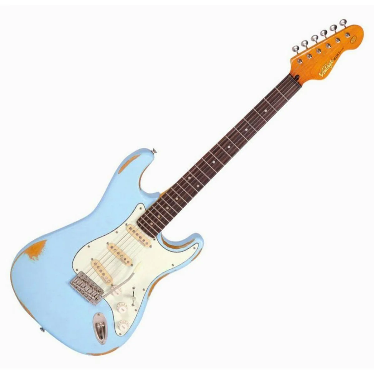 Vintage Guitars V6MRLB E-Gitarre, Distressed Laguna Blue, ST-Style