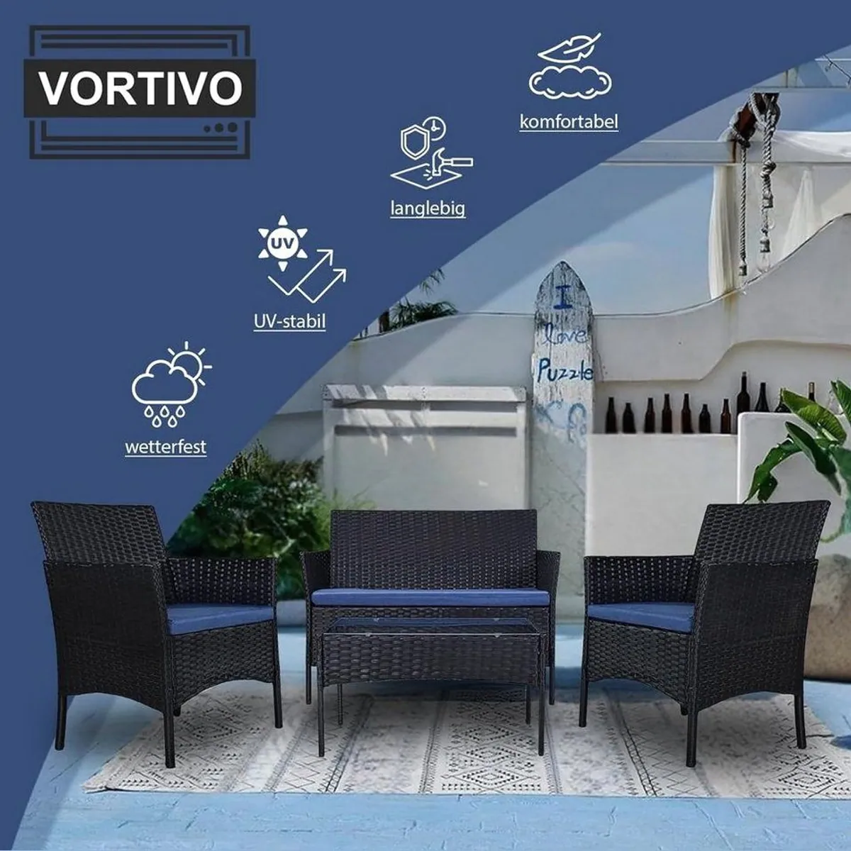 VORTIVO Gartenlounge-Set klein für 4 Personen, wetterfest, austauschbare Kissenbezüge 3