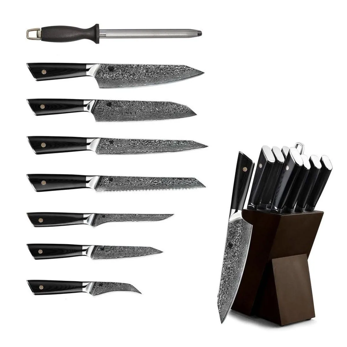 VOSSBACH Damast Messer-Set, 9-teilig, mit Echtholz Messerblock