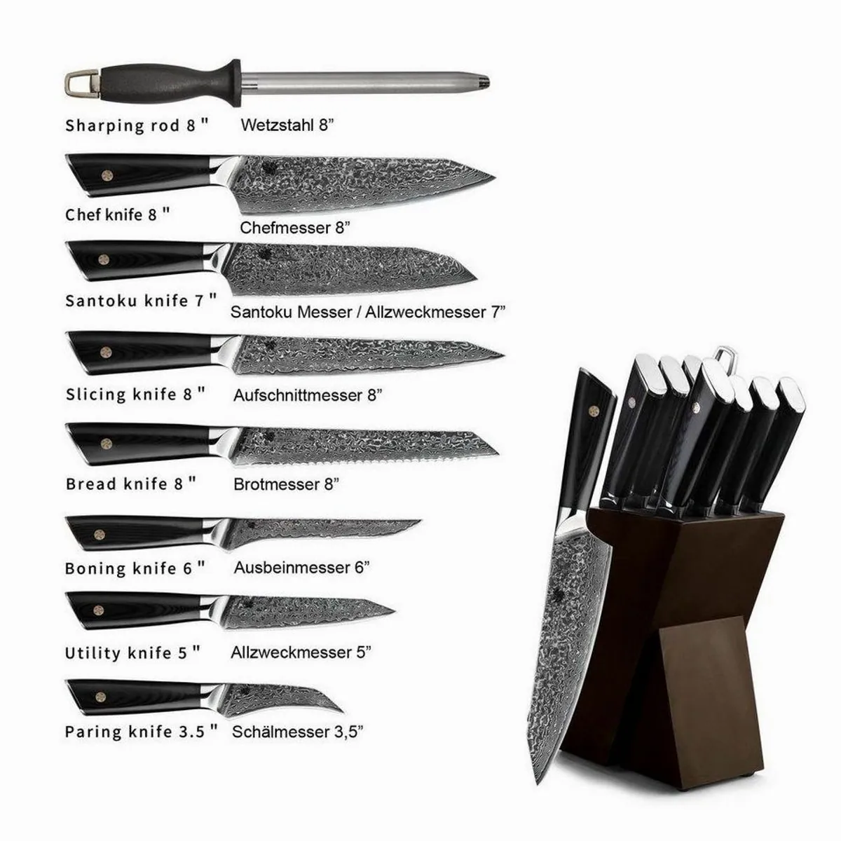 VOSSBACH Damast Messer-Set, 9-teilig, mit Echtholz Messerblock 2