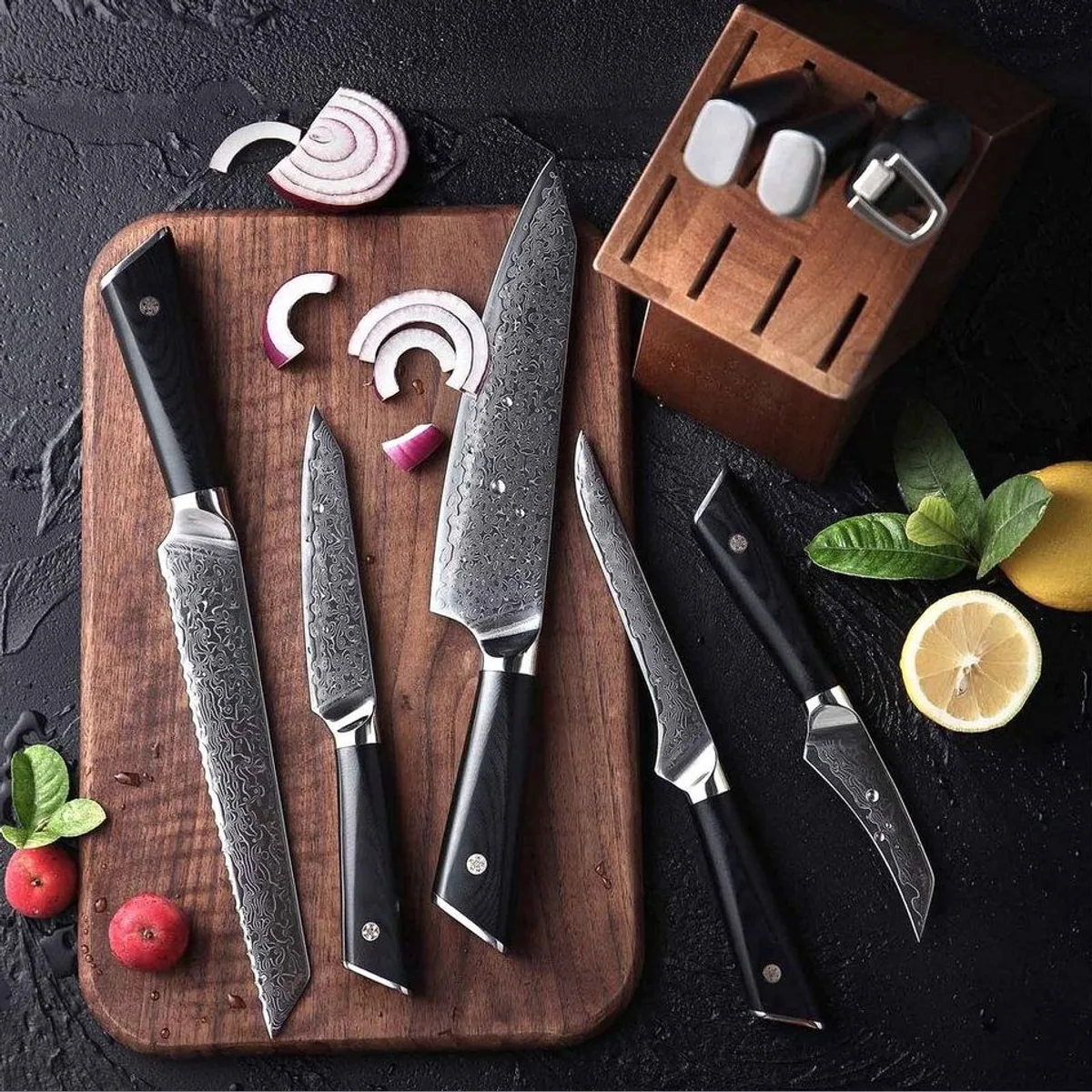 VOSSBACH Damast Messer-Set, 9-teilig, mit Echtholz Messerblock 5