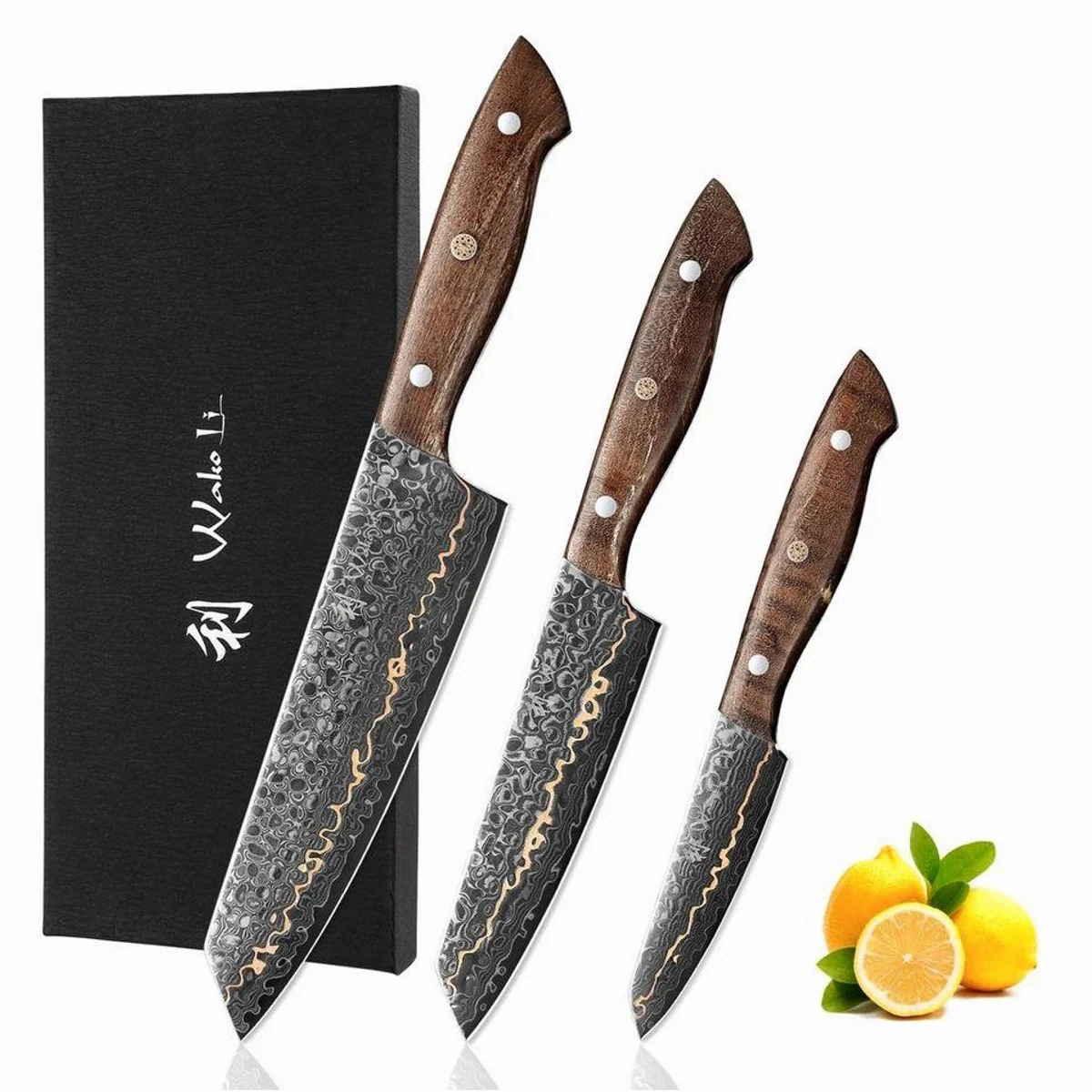 Wakoli Kawa Damast Messer-Set, 3 Küchenmesser mit Kupfereinlage